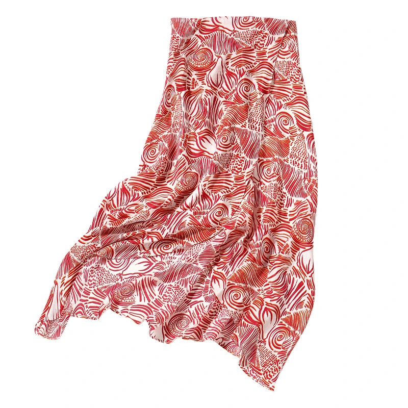 2022 Summer New Women′s Red Printing High Waist Mulberry Silk Slim Fit Hip Fishtail Medium Length Skirt