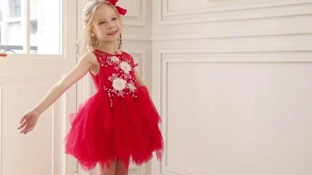Красное платье с цветочным узором для девочек от 2 до 10 лет, кружевные вечерние платья принцессы для маленьких детей, свадебные платья-пачки для детей