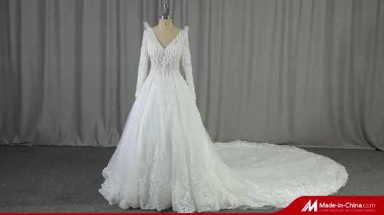 2022 Новое сексуальное свадебное платье с глубоким V-образным вырезом, длинными рукавами, кружевом и аппликациями и длинным шлейфом.